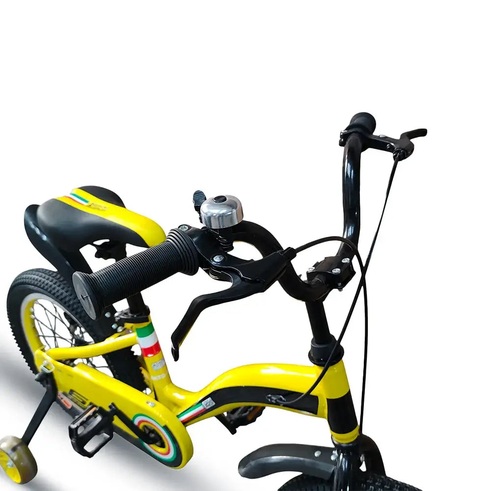 Front-angle view of RF 16-inch yellow kids bike with handlebars and bell