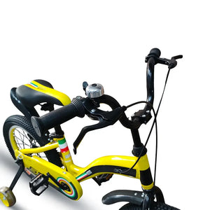 Front-angle view of RF 16-inch yellow kids bike with handlebars and bell