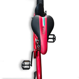 Top-down view of the comfortable black saddle and pedals on RF 20-inch kids bike.