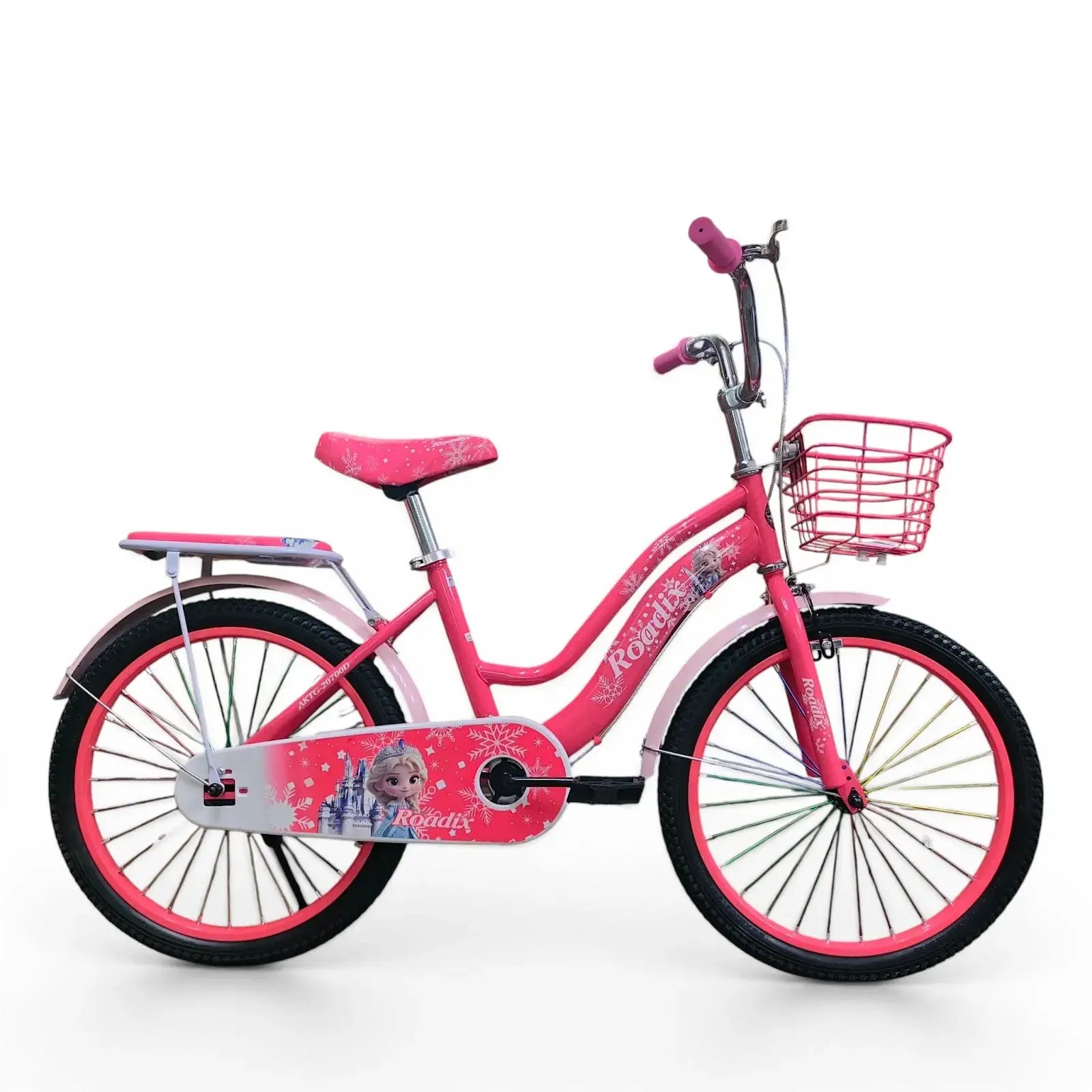 Side view of a Fuchsia Roadix 20-inch girls bicycle with front basket and Frozen graphics.