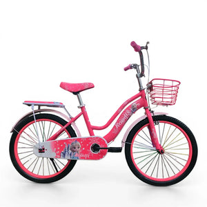 Side view of a Fuchsia Roadix 20-inch girls bicycle with front basket and Frozen graphics.