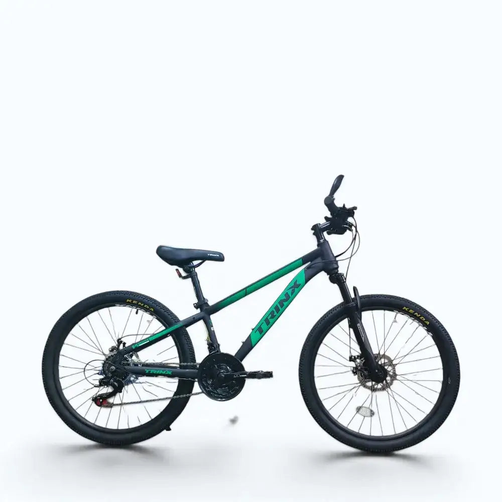 Trinx K024 24-inch green and black mountain bike side view with front suspension and disc brakes