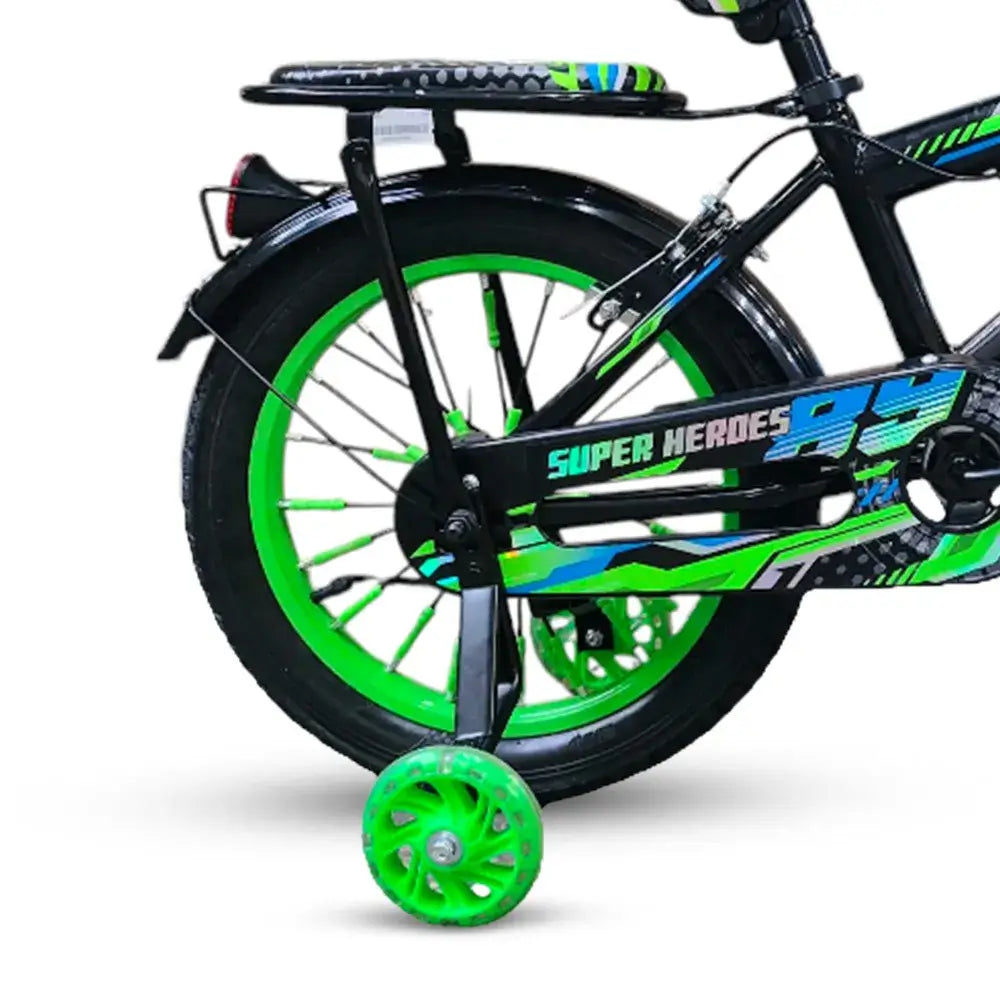 Close-up of rear wheel, green training wheel, and chain guard on Super Hero 16-inch green kids bike.