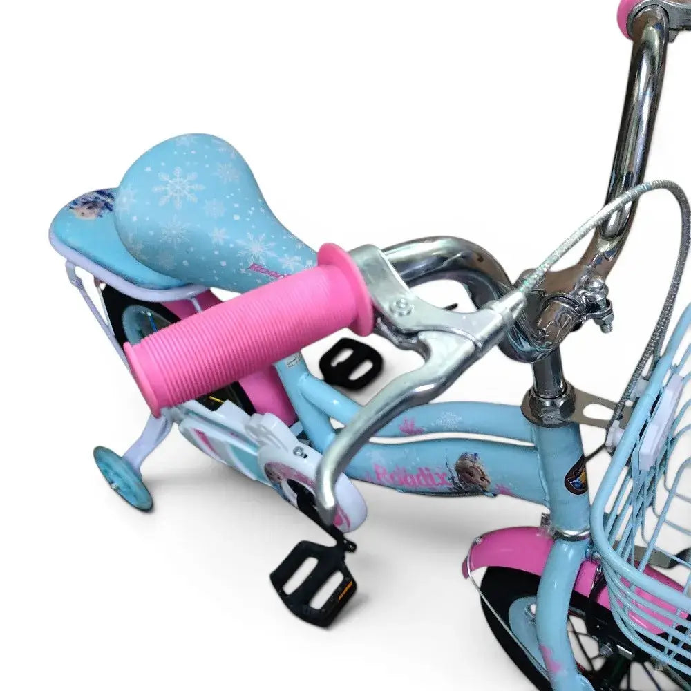 Front view of Roadix girls bike handlebar, brake lever, and basket