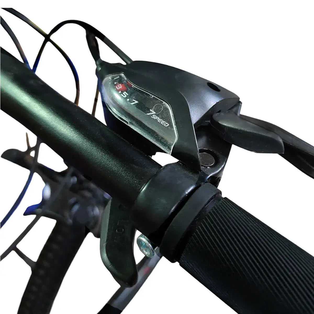 Close-up of Italiano M216 mountain bike 7-speed gear shifter, brake lever, and handlebar grip.