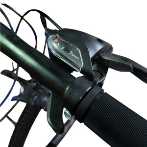 Close-up of Italiano M216 mountain bike 7-speed gear shifter, brake lever, and handlebar grip.