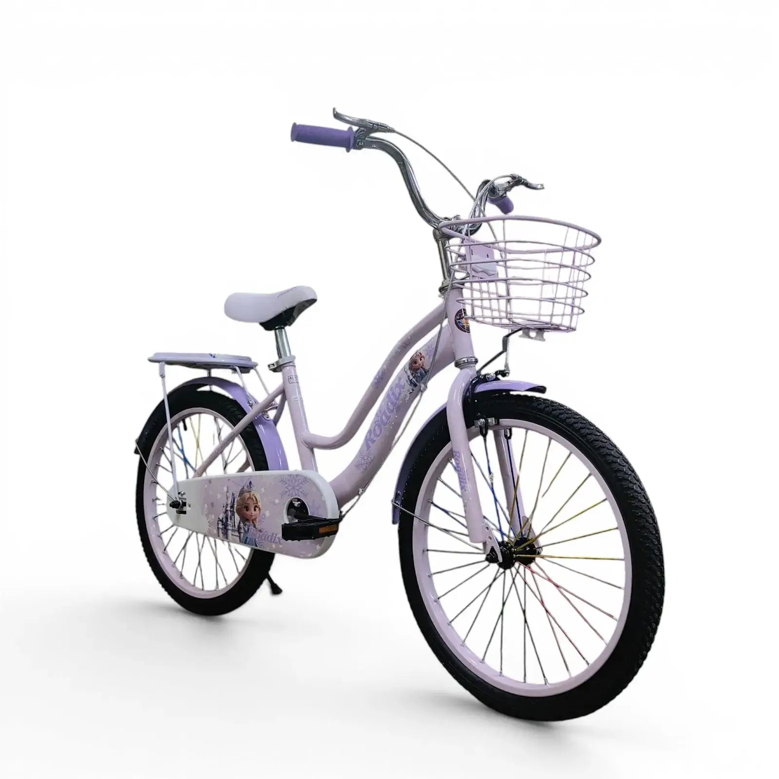 Purple 20-inch Roadix girls bicycle with front basket and rear seat.