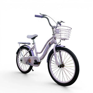 Purple 20-inch Roadix girls bicycle with front basket and rear seat.