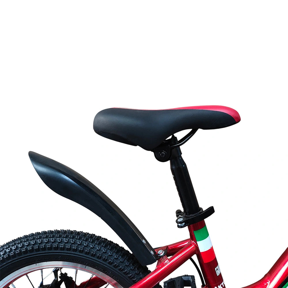 Close-up of RF 16-inch kids bicycle adjustable saddle with rear fender and rear wheel