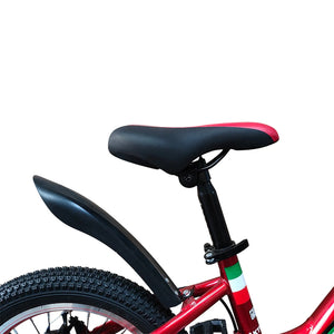 Close-up of RF 16-inch kids bicycle adjustable saddle with rear fender and rear wheel