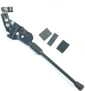 Black metal adjustable bicycle kickstand with rubber protection pads, on a plain white background