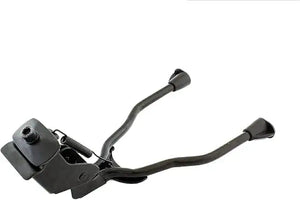 Black metal double-leg bicycle kickstand shown extended in parked position