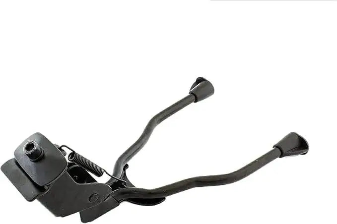 Black metal double-leg bicycle kickstand shown extended in parked position