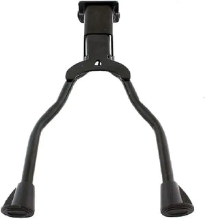 Black metal heavy-duty double-leg bicycle kickstand with rubber feet on a white background