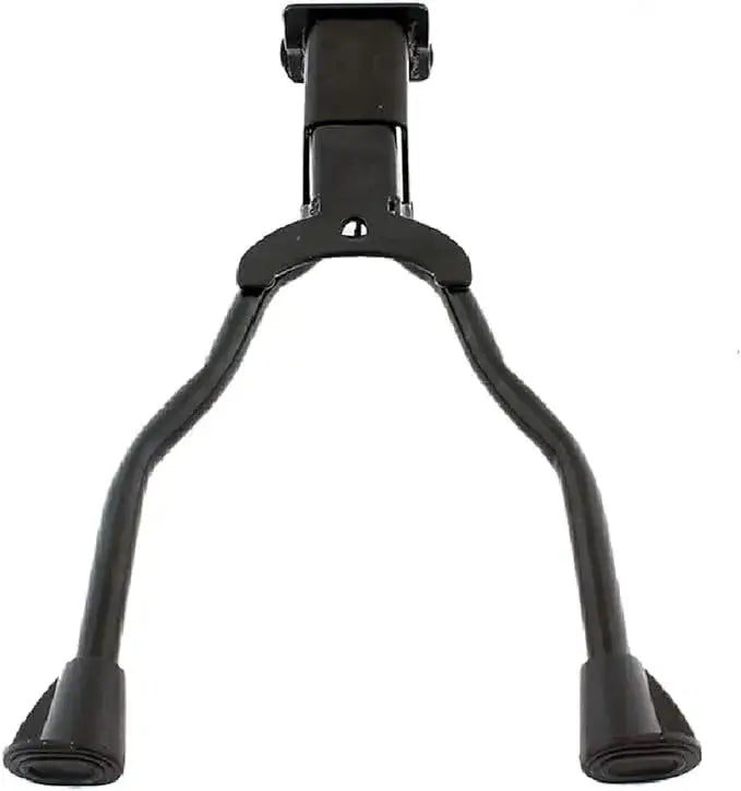 Black metal heavy-duty double-leg bicycle kickstand with rubber feet on a white background