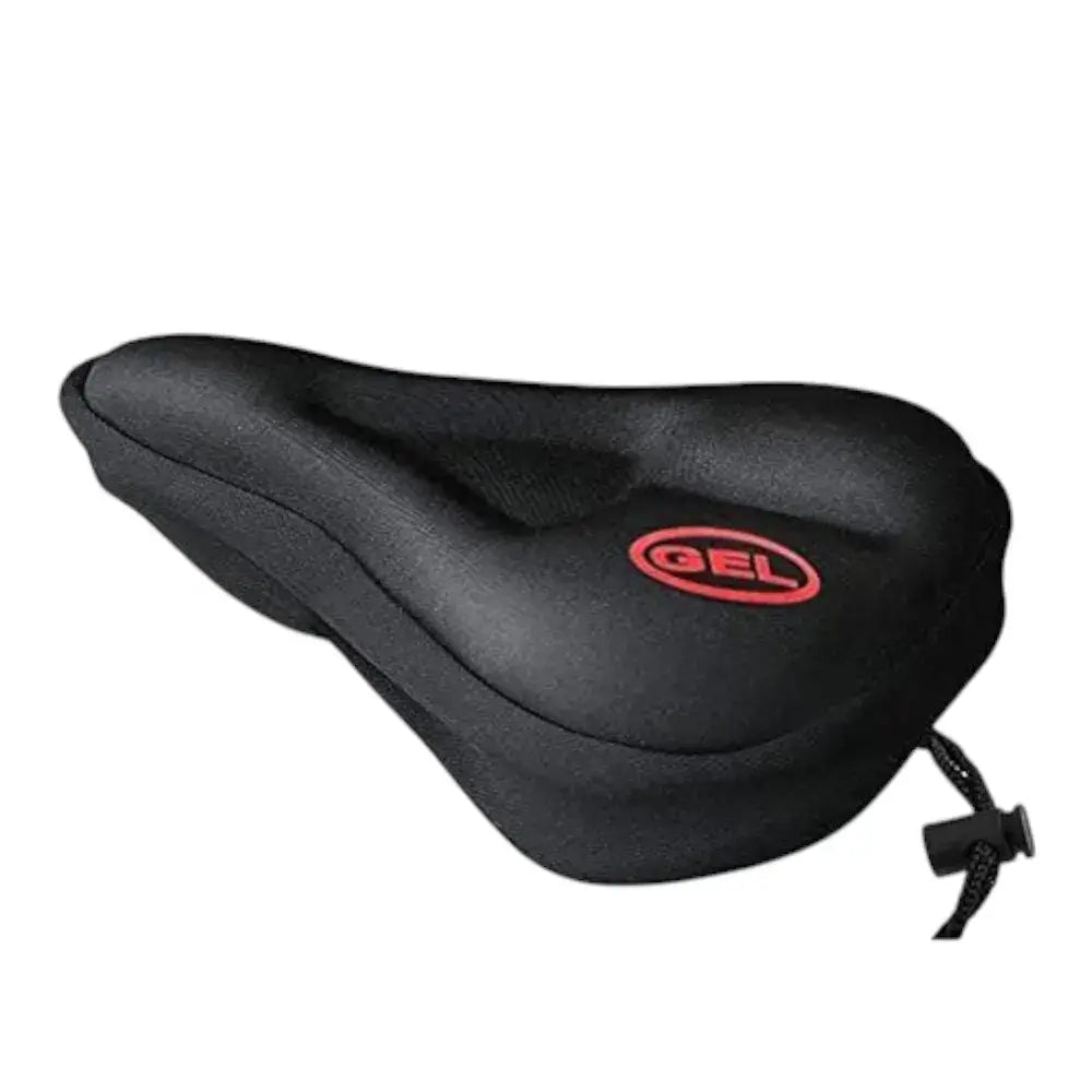 Black gel padded bicycle saddle cushion cover with red GEL logo and adjustable drawstring, isolated on white background