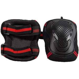 Black Protective Knee Pad Showing Front and Back Views with Red Straps and Textured Shell