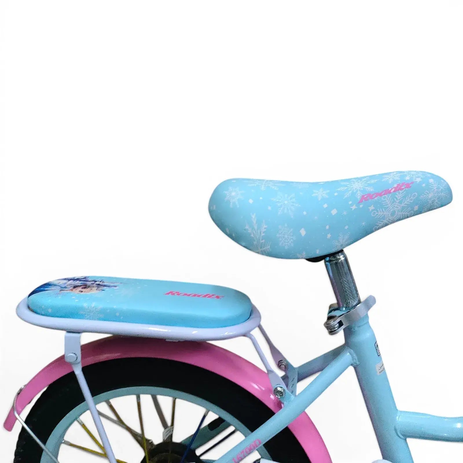 Side View of Padded Rear Seat on Roadix 16-Inch Girls Bike – blue
