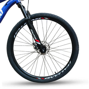 Close-up of Italiano M216 mountain bike front wheel, disc brake, and front suspension fork.