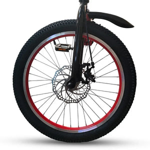 Close-up of front wheel, front disc brake rotor, and red rim on RF 20-inch kids bike with front mudguard.