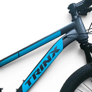 Close-up view of Trinx K024 mountain bike matte black steel frame featuring cyan blue accents and prominent TRINX logo branding