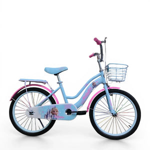 Side view of a Blue Roadix 20-inch girls bicycle with front basket and Frozen graphics.