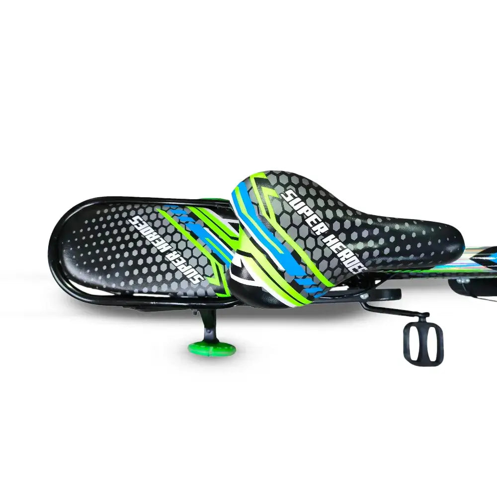 Close-up of bike saddle and padded rear seat on Super Hero 16-inch green kids bike.