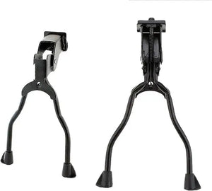 Black metal double-leg bicycle kickstand shown from two different side angles on a plain white background