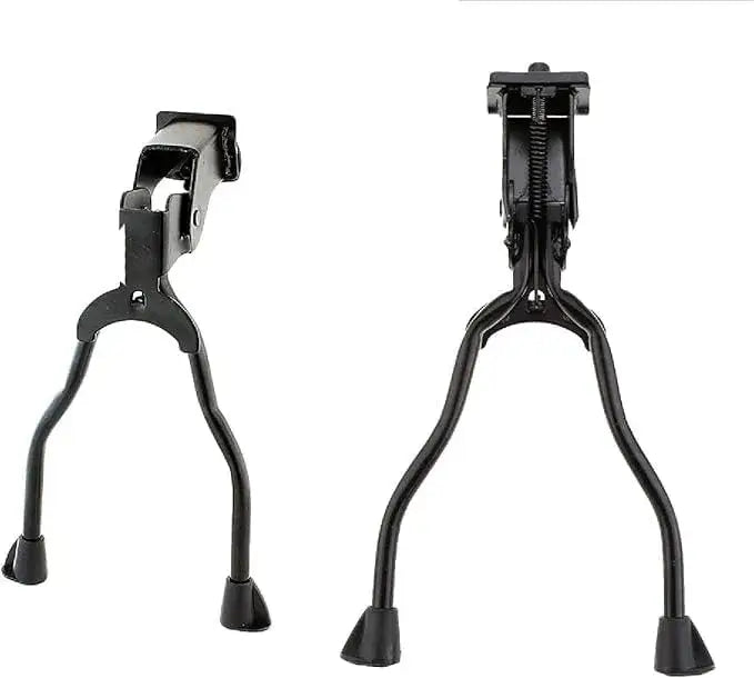 Black metal double-leg bicycle kickstand shown from two different side angles on a plain white background
