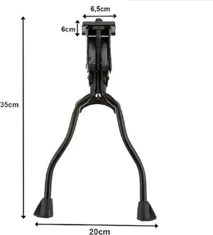 Black metal double-leg bicycle kickstand with dimension labels showing height of 35 cm, width of 20 cm, and mounting size