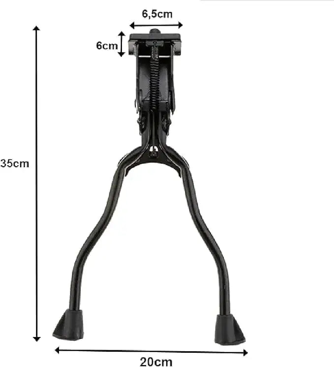 Black metal double-leg bicycle kickstand with dimension labels showing height of 35 cm, width of 20 cm, and mounting size