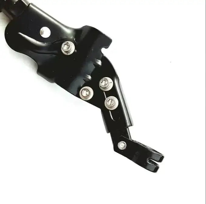 Close-up view of the black metal mounting clamp with adjustment screws for a bicycle kickstand
