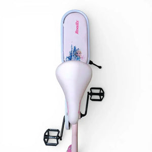 Close-up top view of the adjustable pink saddle and padded rear seat of a Roadix girls bicycle.
