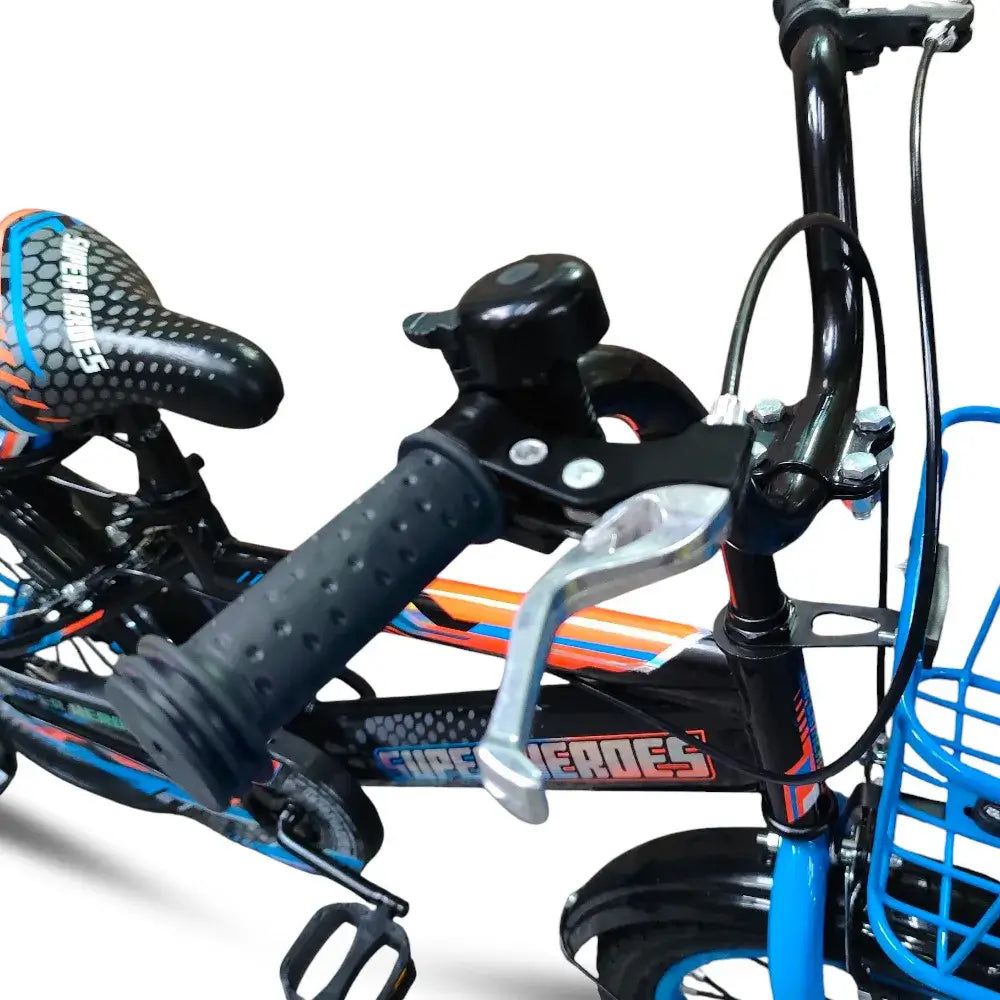 Close-up of handlebars, bell, metal brake lever, and front blue basket on Super Hero 16-inch kids bike.