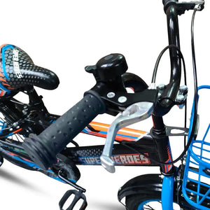 Close-up of handlebars, bell, metal brake lever, and front blue basket on Super Hero 16-inch kids bike.