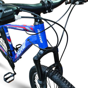 Close-up of Italiano M216 mountain bike frame, handlebars, and front suspension fork in blue and red.