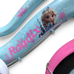 Close-up of Roadix blue girls bike steel frame with Frozen Elsa graphics