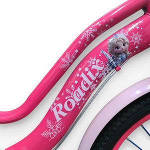 Close-up side view of the Fuchsia steel frame with Roadix branding and Frozen graphics of a girls bicycle.
