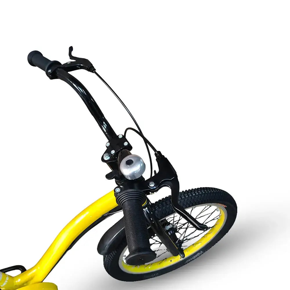 Close-up of handlebars, bell, and yellow frame with front wheel and fender on RF 20-inch kids bike.