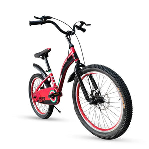 RF 20-inch kids bike in red and black with disc brakes, full chain guard, and mudguards by ABO ELGOUKH.