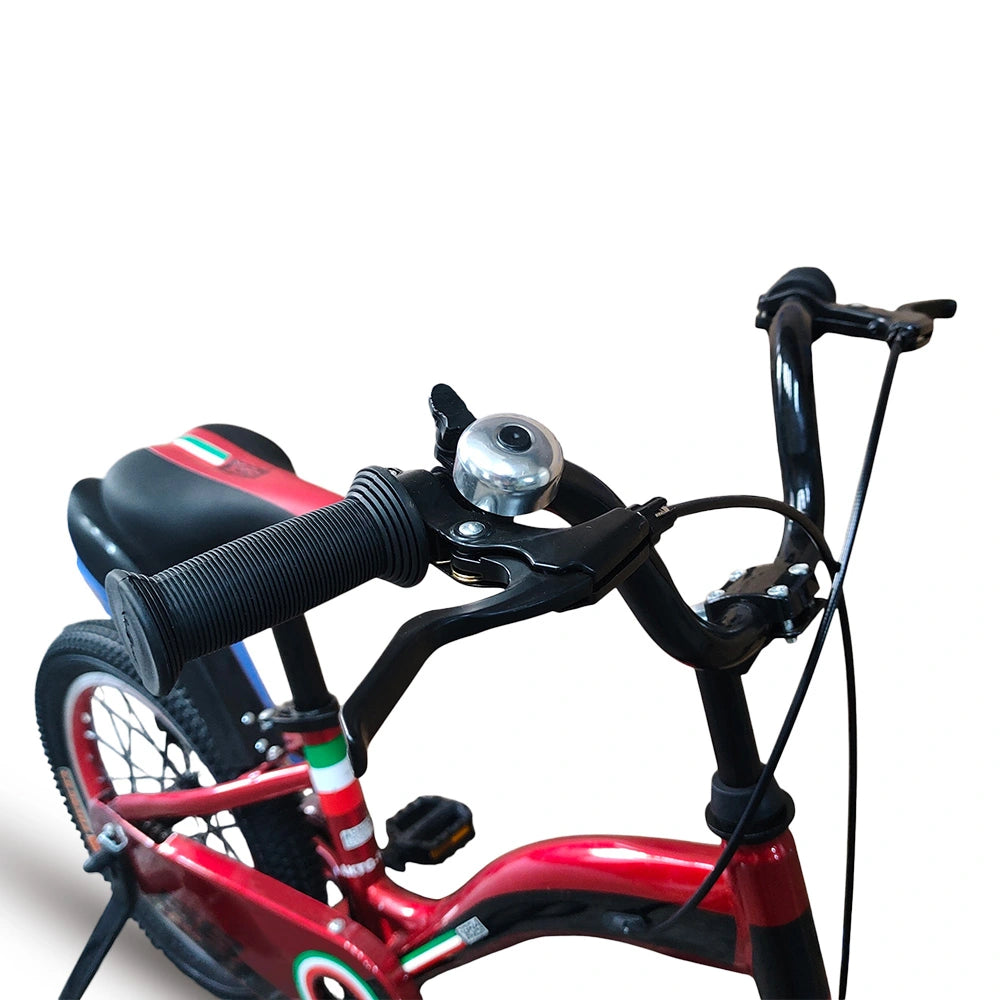Close-up of RF 16-inch kids bike handlebars in Red with silver bell and black grips