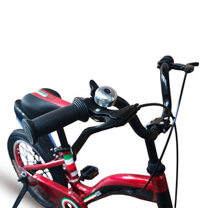 Close-up of RF 16-inch kids bike handlebars in Red with silver bell and black grips