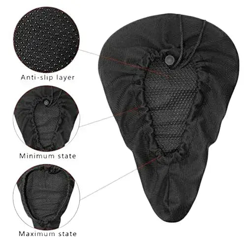 Underside view of black bicycle saddle cushion cover featuring circular insets showing anti-slip layer, minimum state, and maximum state adjustments on white background
