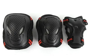 Black Protective Gear Set Display – Knee Pad, Elbow Pad, and Wrist Guard with Red Accents on White Background