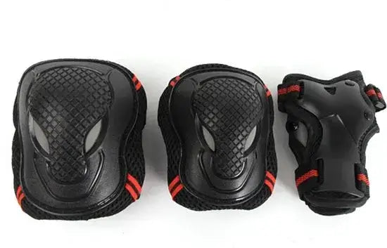 Black Protective Gear Set Display – Knee Pad, Elbow Pad, and Wrist Guard with Red Accents on White Background