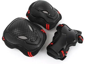 Black Protective Gear Set Featuring Knee Pads, Elbow Pads, and Wrist Guards with Red Accents 1 