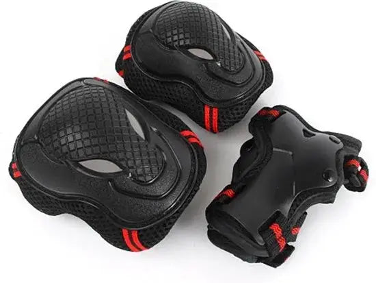Black Protective Gear Set Featuring Knee Pads, Elbow Pads, and Wrist Guards with Red Accents 1 