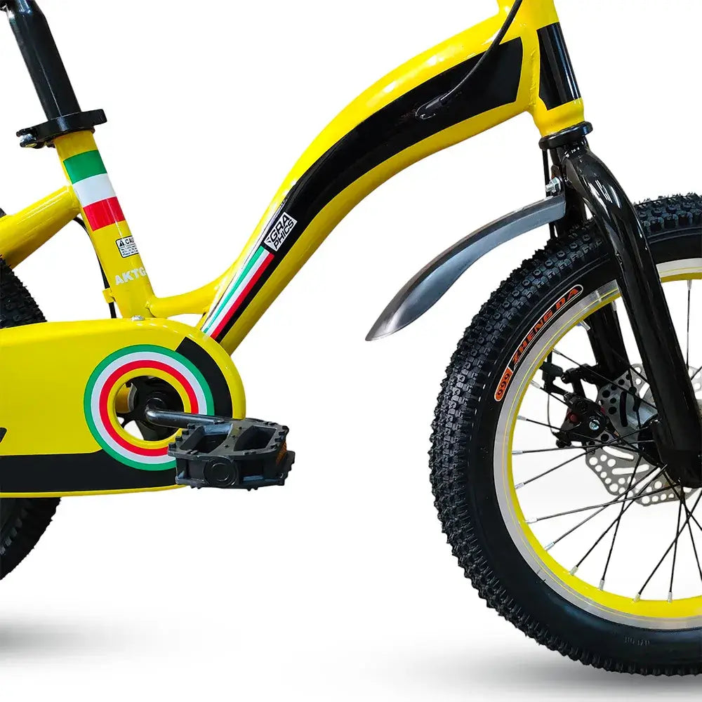Close-up view of yellow RF 16-inch kids bicycle frame and front disc brake.