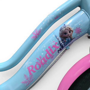Close-up of blue Roadix girls bicycle frame and graphics