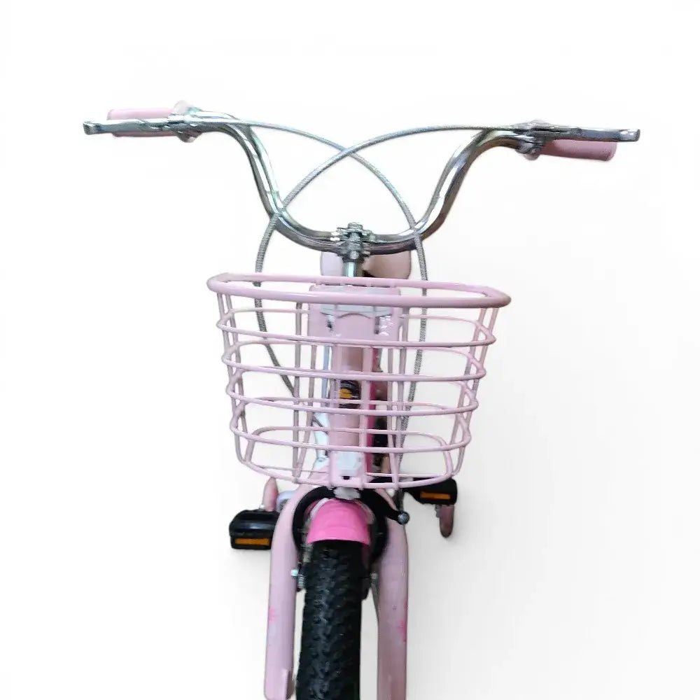 Front view of pink Roadix 16-inch girls bicycle showing basket, handlebars, and front wheel